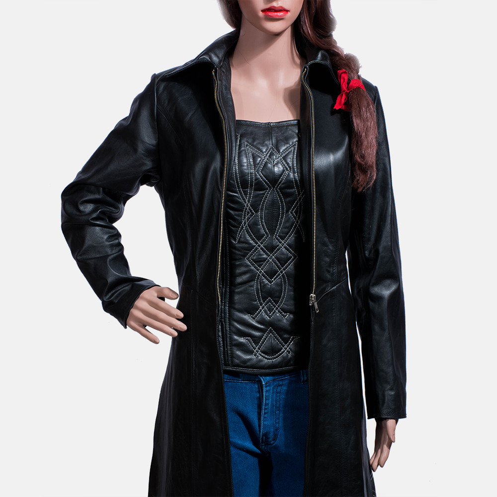 Womens Tribal Black Leather Long Coat